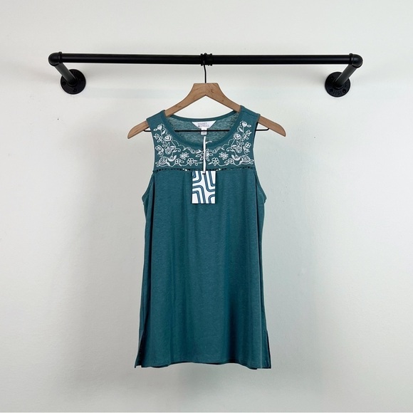 NWT StitchFix Market & Spruce Linen Blend Embroidered Round Neck Tank Top - Picture 2 of 4